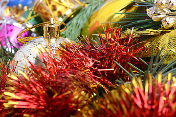 Image showing Christmas tree branch with decoration ball, new year holiday card