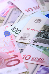 Image showing Dollars, euros, russian roubles - Money of the world