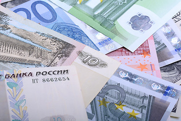 Image showing Dollars, euros, russian roubles - Money of the world