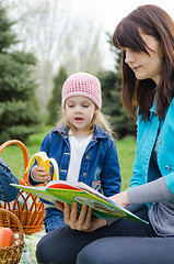 Image showing Mom reading a book to a daughter at a picnic