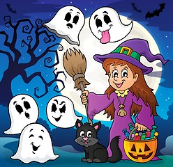 Image showing Cute witch and cat with ghosts 2