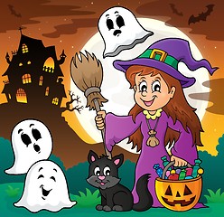 Image showing Cute witch and cat with ghosts 1