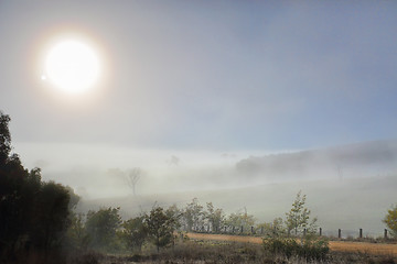 Image showing Winter sun in foggy landscape