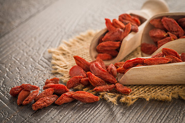 Image showing Goji berries on a wooden spoons