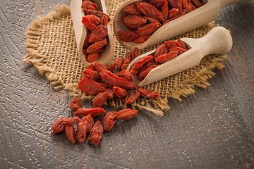 Image showing Goji berries on a wooden spoons