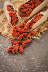 Image showing Goji berries on a wooden spoons