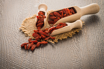 Image showing Goji berries on a wooden spoons