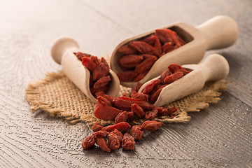 Image showing Goji berries on a wooden spoons