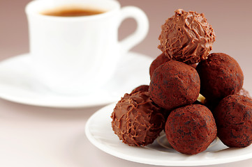 Image showing Chocolate truffles and coffee