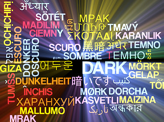 Image showing Dark multilanguage wordcloud background concept glowing