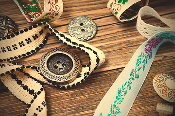 Image showing old ribbons, lace, tape and vintage buttons