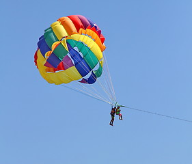 Image showing Parasailing in a blue sky