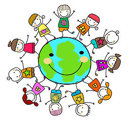 Image showing happy kids playing around the earth planet