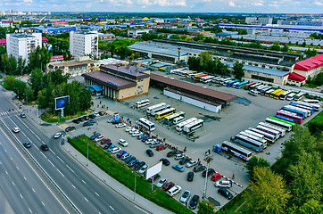 Image showing Aerial view onto intercity bus station. Tyumen