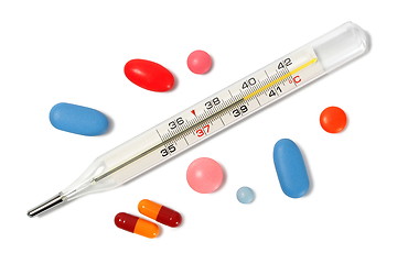 Image showing Thermometer and pills