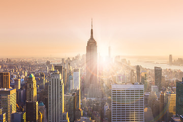 Image showing New York City Manhattan skyline in sunset.