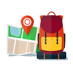 Image showing Travel Map with backpack.  Flat Icons, Tourist, Sightseeing, Journey, Inspiration and Concept