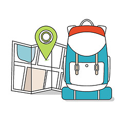 Image showing Travel Map with backpack.  Line Icons, Tourist, Sightseeing, Journey, Inspiration and Concept