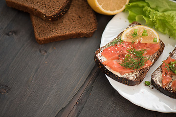 Image showing Sandwich with salmon for breakfast