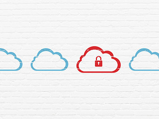 Image showing Cloud networking concept: cloud with padlock icon on wall background