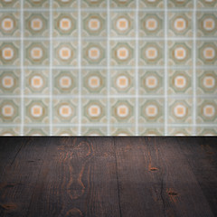 Image showing Wood table top and blur vintage ceramic tile pattern wall