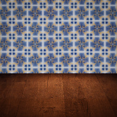 Image showing Wood table top and blur vintage ceramic tile pattern wall