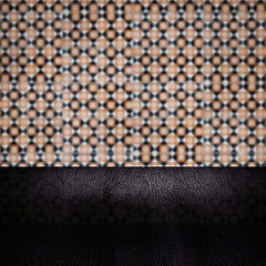 Image showing Wood table top and blur vintage ceramic tile pattern wall