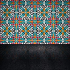 Image showing Wood table top and blur vintage ceramic tile pattern wall