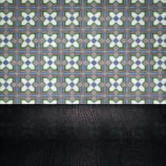 Image showing Wood table top and blur vintage ceramic tile pattern wall