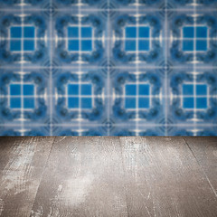 Image showing Wood table top and blur vintage ceramic tile pattern wall