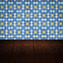 Image showing Wood table top and blur vintage ceramic tile pattern wall