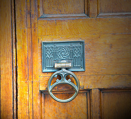 Image showing handle in london antique brown door  rusty  brass nail and light