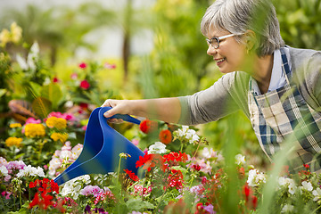 Image showing Mature woman watering flowers