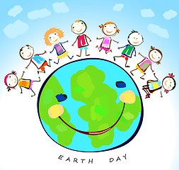 Image showing happy kids playing around the earth planet