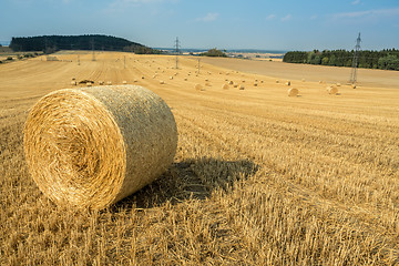Image showing Beautiful landscape with straw bales in harvested fields
