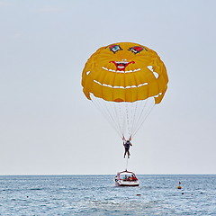 Image showing Parasailing in a blue sky near sea beach