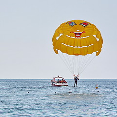 Image showing Parasailing in a blue sky near sea beach