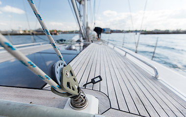 Image showing close up of sailboat deck or yacht sailing on sea