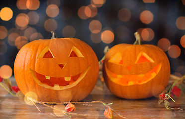 Image showing close up of carved halloween pumpkins on table