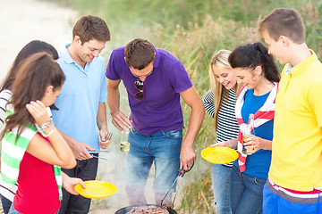 Image showing group of friends having picnic on beach
