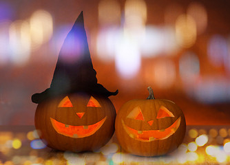 Image showing close up of carved halloween pumpkins on table