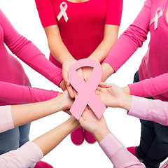 Image showing close up of women with cancer awareness ribbons