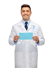 Image showing happy doctor with prostate cancer awareness ribbon