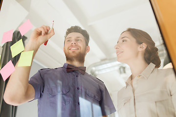 Image showing happy creative team writing on blank office glass