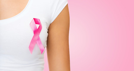 Image showing close up of woman with cancer awareness ribbon