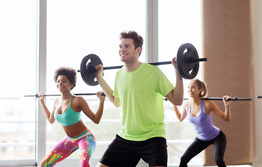 Image showing group of people exercising with barbell in gym