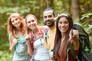 Image showing group of smiling friends with backpacks hiking