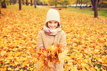 Image showing smiling little girl with autumn leaves in park