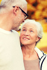 Image showing senior couple hugging in city park