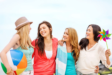 Image showing girls with ball on the beach